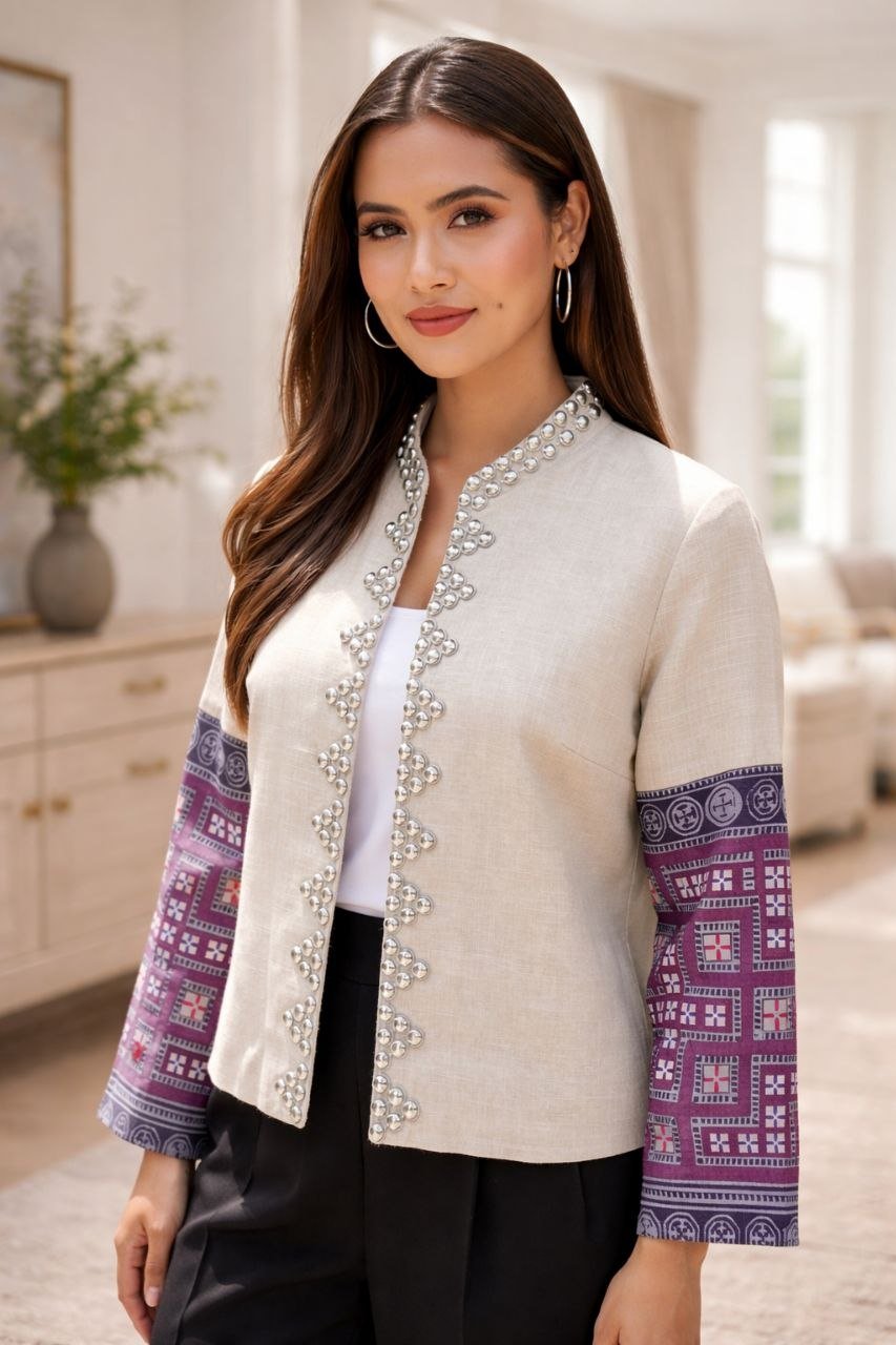 Hill Tribe Hemp Jacket - Patchwork Sleeve with Silver Bead Detail - Image 1