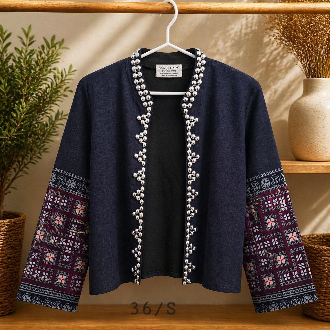 Hill Tribe Hemp Jacket-Patchwork Sleeve with Silver Bead Detail - Image 2