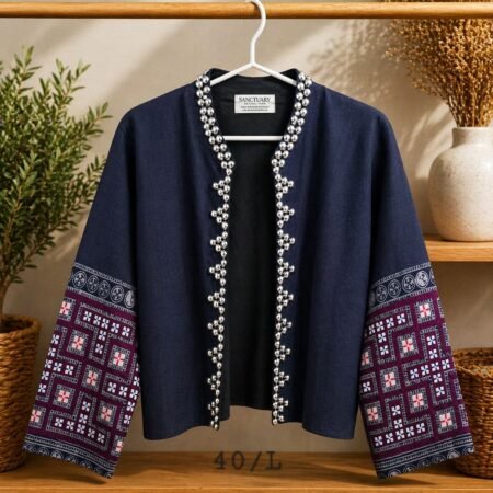 Hill Tribe Hemp Jacket-Patchwork Sleeve with Silver Bead Detail - Image 4