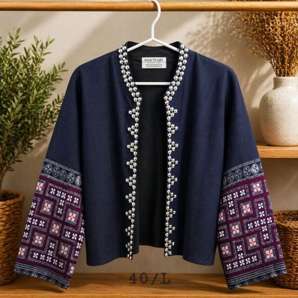 Hill Tribe Hemp Jacket-Patchwork Sleeve with Silver Bead Detail