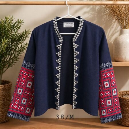 Hill Tribe Hemp Jacket-Patchwork Sleeve with Silver Bead Detail - Image 3