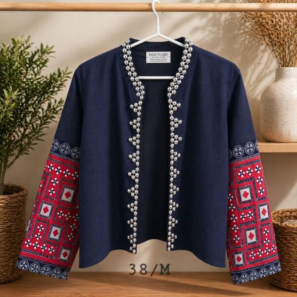 Hill Tribe Hemp Jacket-Patchwork Sleeve with Silver Bead Detail