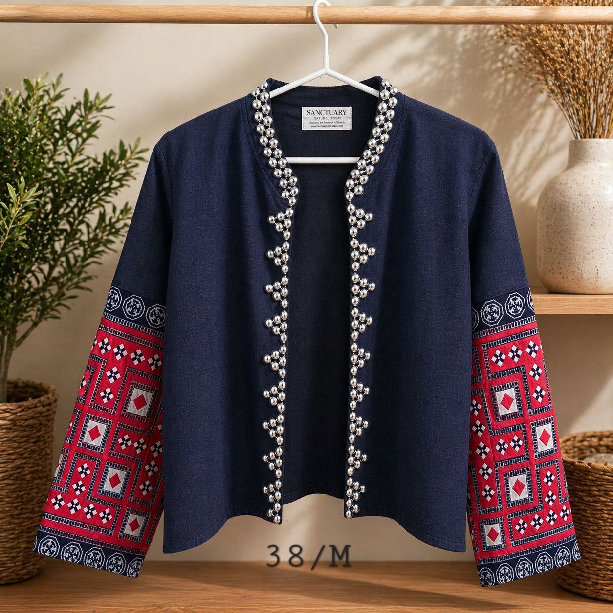 Hill Tribe Hemp Jacket-Patchwork Sleeve with Silver Bead Detail - Image 3