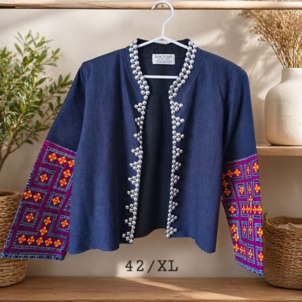 Hill Tribe Hemp Jacket-Patchwork Sleeve with Silver Bead Detail
