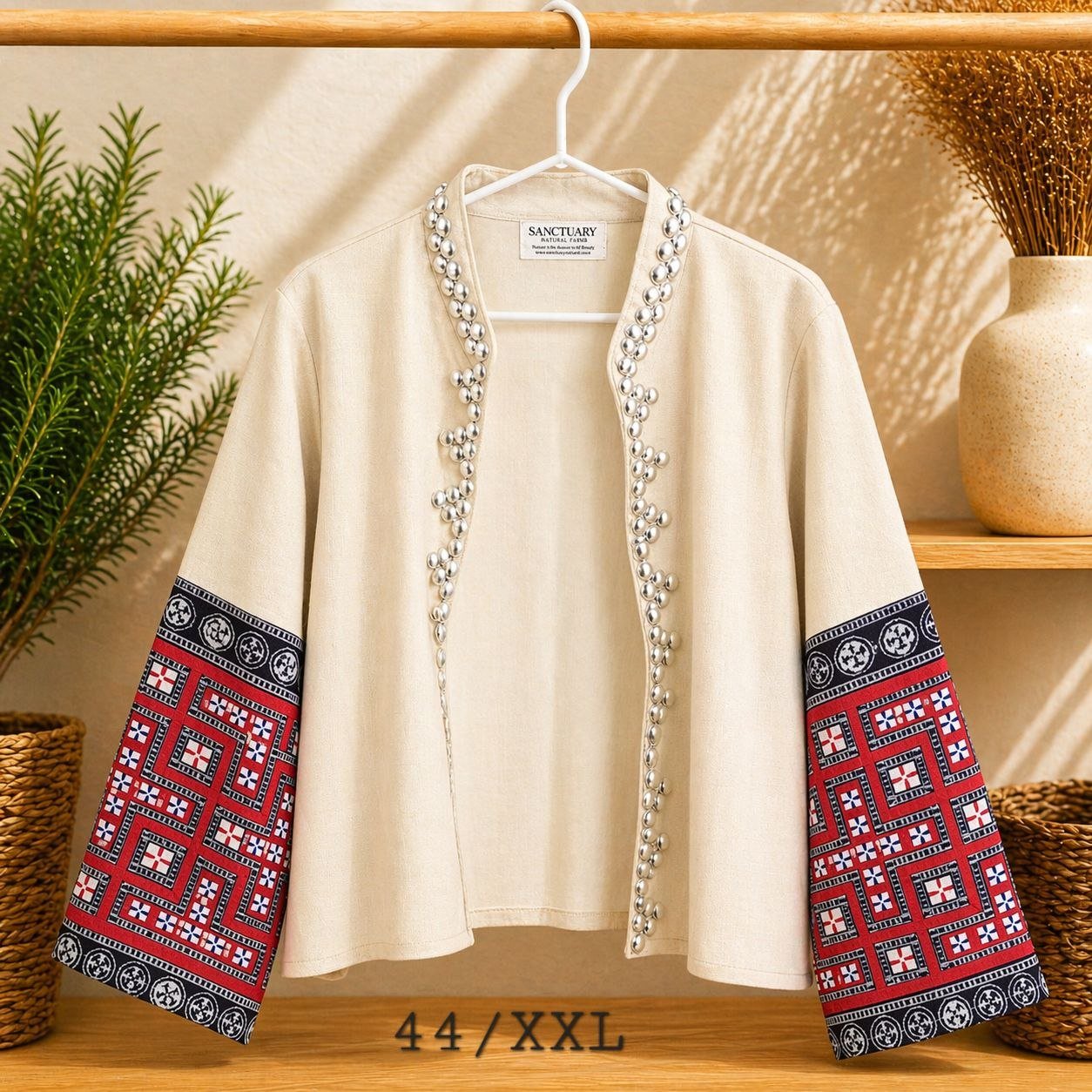 Hill Tribe Hemp Jacket - Patchwork Sleeve with Silver Bead Detail - Image 2