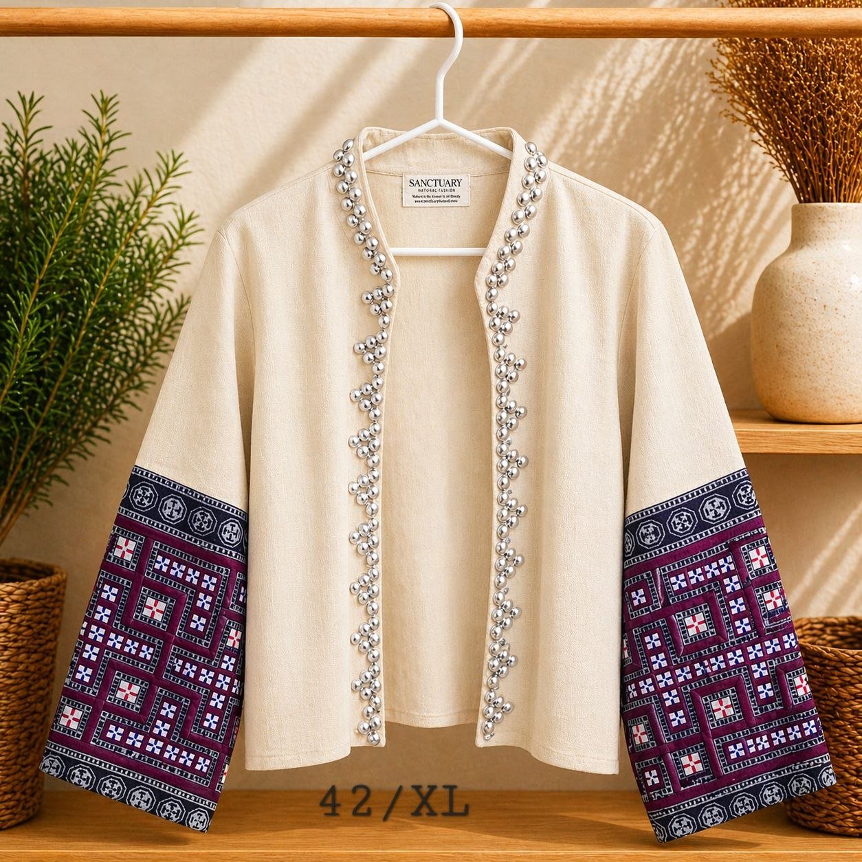 Hill Tribe Hemp Jacket - Patchwork Sleeve with Silver Bead Detail - Image 3