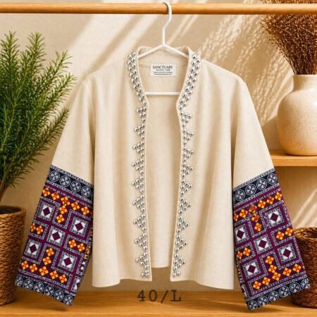 Hill Tribe Hemp Jacket - Patchwork Sleeve with Silver Bead Detail - Image 4