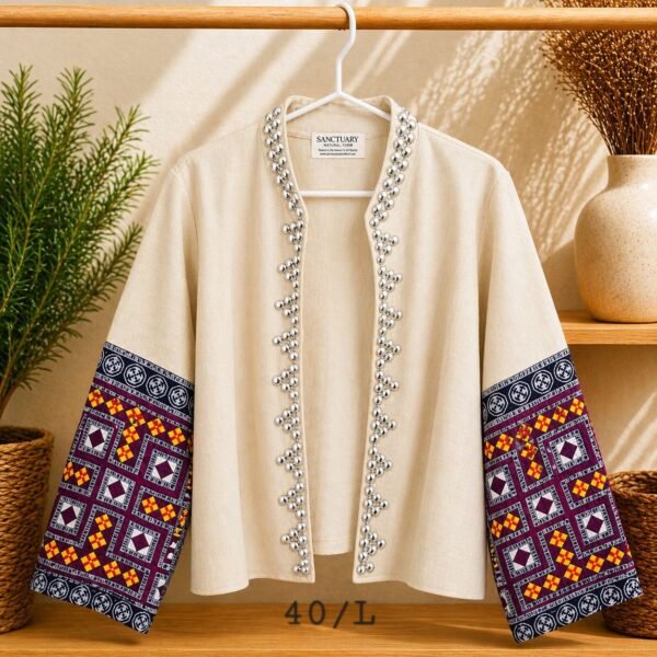 Hill Tribe Hemp Jacket - Patchwork Sleeve with Silver Bead Detail