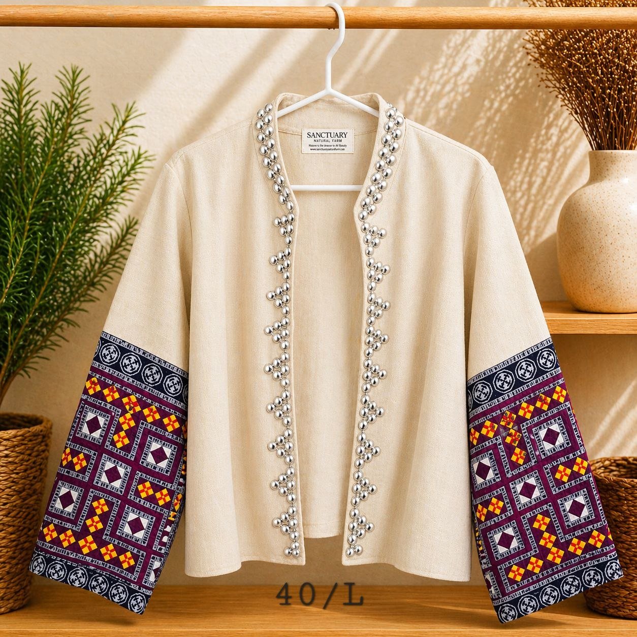 Hill Tribe Hemp Jacket - Patchwork Sleeve with Silver Bead Detail - Image 4