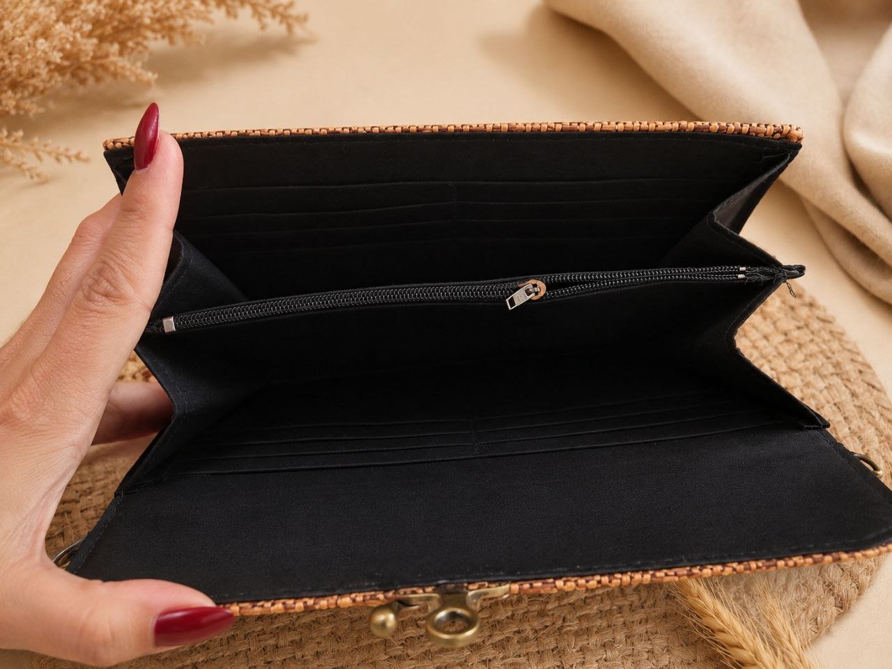 Handwoven Rattan Wallet Clutch Bag with Detachable Strap - Image 4