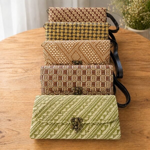 Handwoven Rattan Wallet Clutch Bag with Detachable Strap